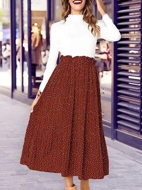 EXLURA Women’s  Brown and White High Waist Polka Dot Pleated Skirt Sz S L130902